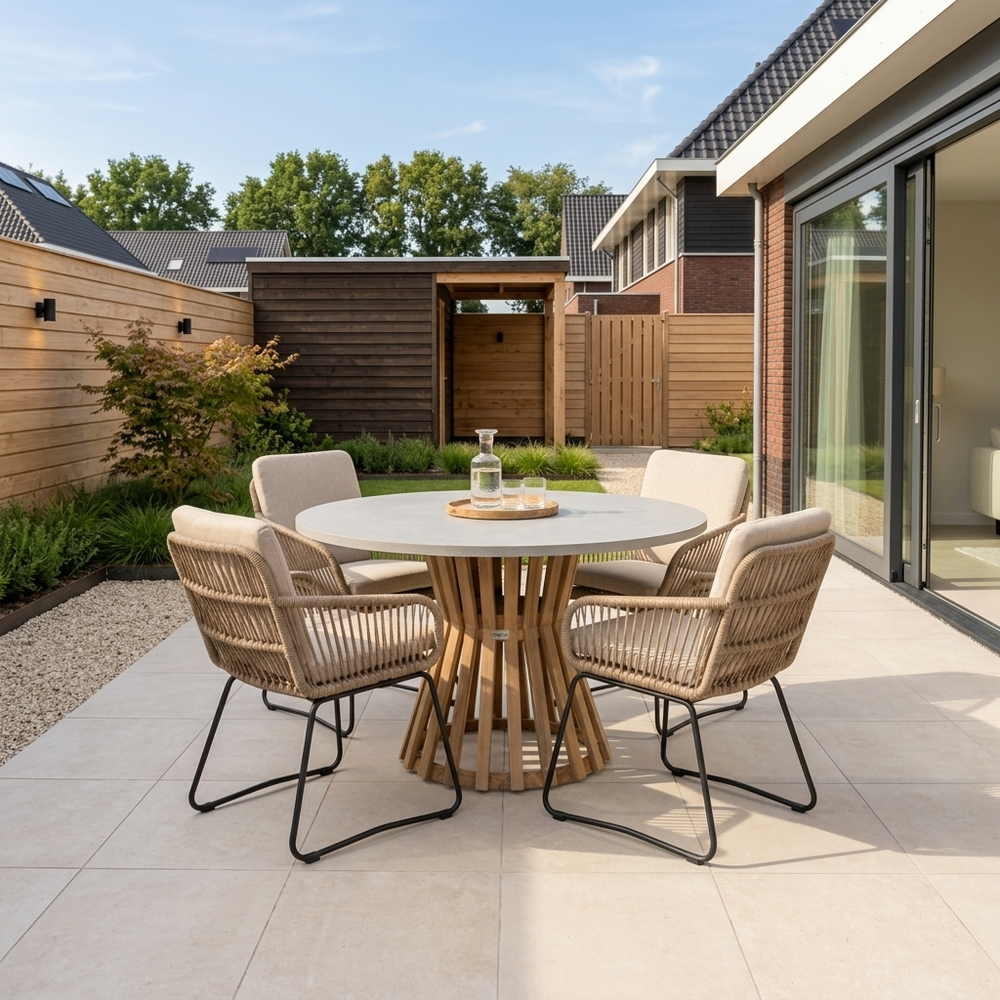 Elzas/Harper Sahara Dust dining tuinset | 4 personen | polystone + touw | Ø135cm rond