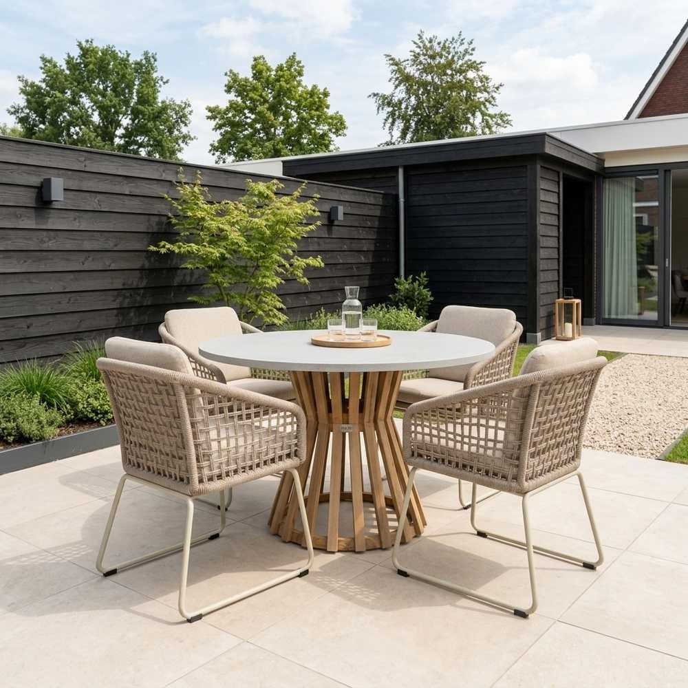 Elzas/Tulum Almond Beige dining tuinset | 4 personen | polystone + touw | Ø135cm rond