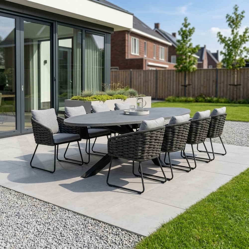 Stockholm/Flora Stone Grey dining tuinset | 8 personen | polystone + touw | 280cm