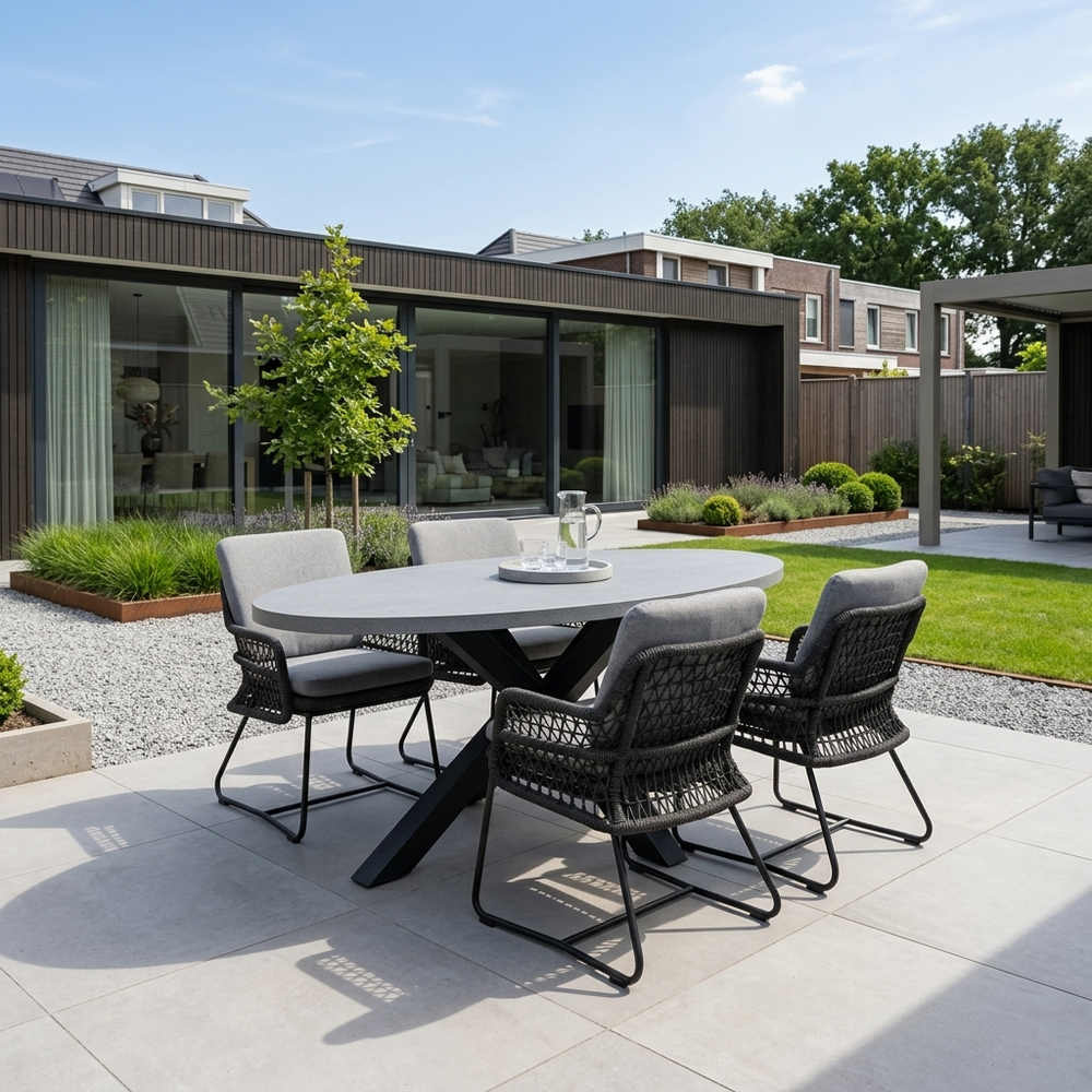 Stockholm/Gianna Stone Grey dining tuinset | 4 personen | polystone + touw | 200cm