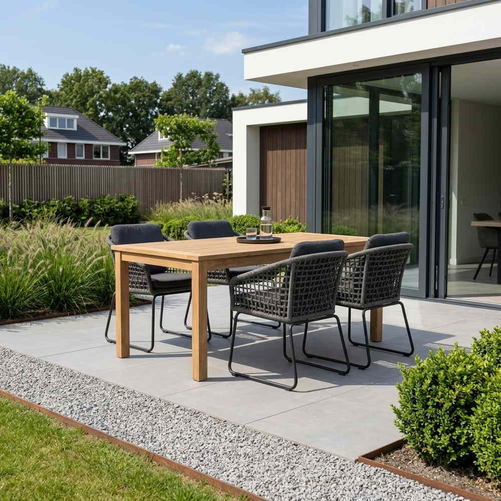 Singapore/Tulum Lava Grey dining tuinset | 4 personen | teakhout + touw | 150cm
