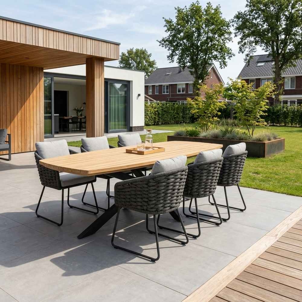 Salo/Flora Stone Grey dining tuinset | 6 personen | hardhout + touw | 240cm Deens