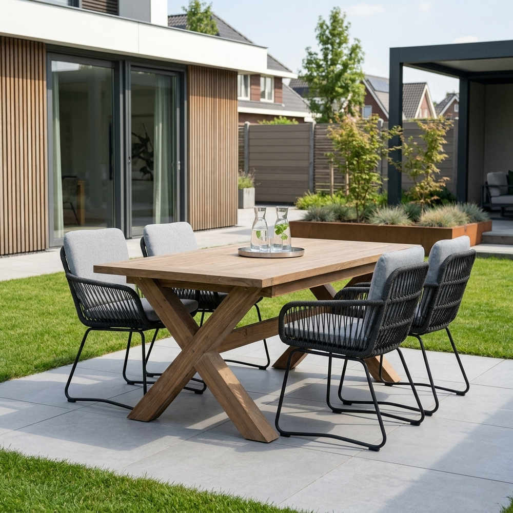 Riga/Harper Stone Grey dining tuinset | 4 personen | teakhout + touw | 200cm