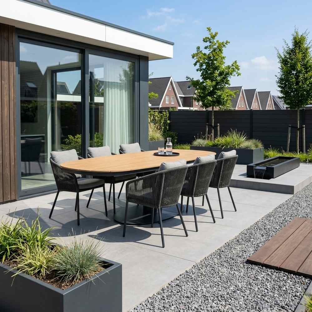 Panama antraciet/Lexis Stone Grey dining tuinset | 6 personen | polywood + touw | 260cm