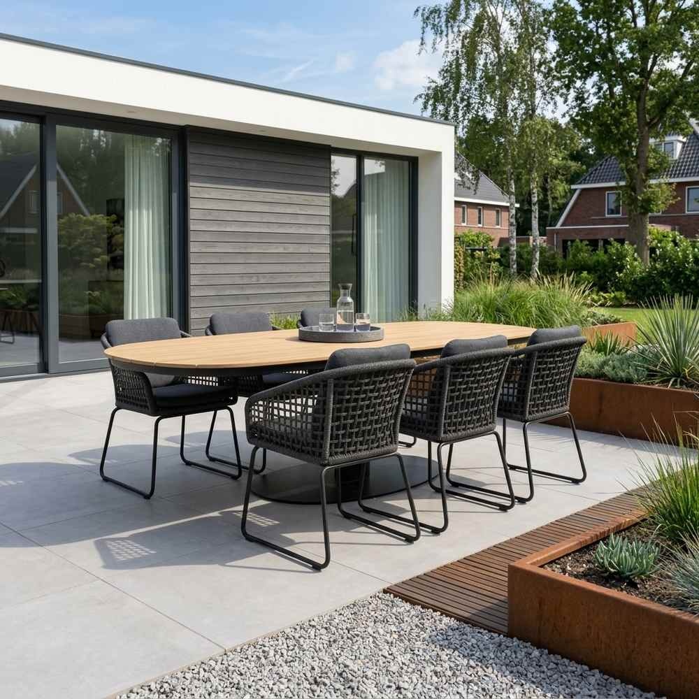 Panama antraciet/Tulum Lava Grey dining tuinset | 6 personen | polywood + touw | 260cm