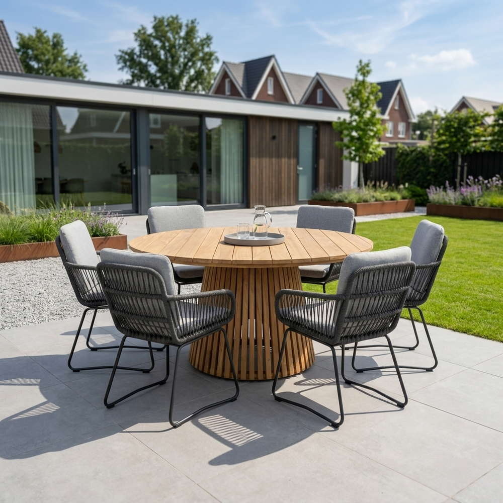 Palau/Harper Stone Grey dining tuinset | 6 personen | teakhout + touw | Ø140cm