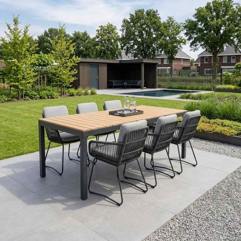Oxford/Harper Stone Grey dining tuinset | 6 personen | aluminium + touw | 200cm