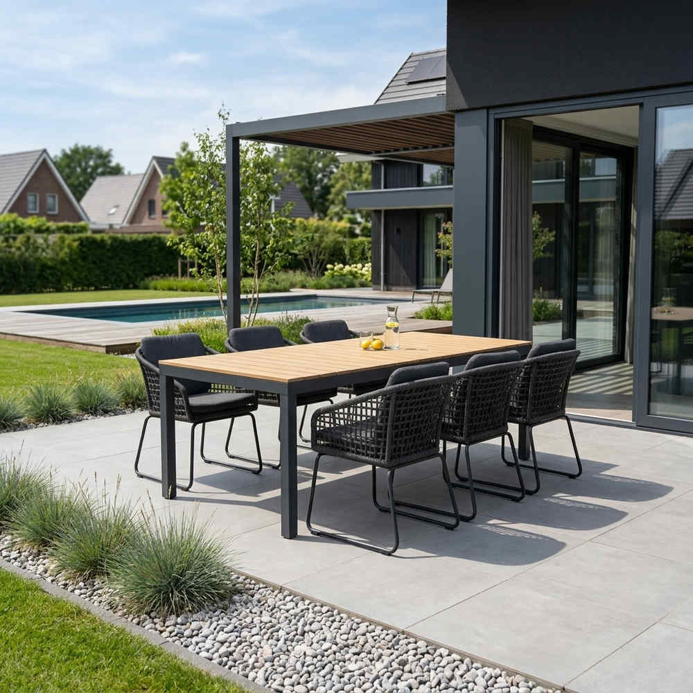 Oxford/Tulum Lava Grey dining tuinset | 6 personen | aluminium + touw | 200cm