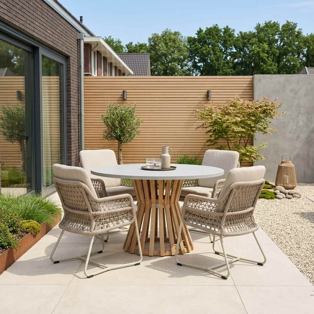 Elzas/Gianna Almond Beige dining tuinset | 4 personen | polystone + touw | Ø135cm rond