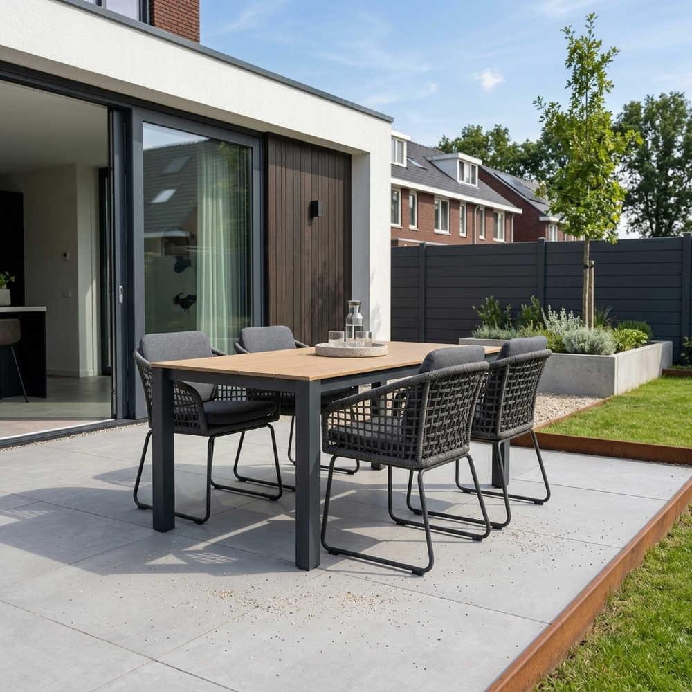 Manhattan antraciet/Tulum Lava Grey dining tuinset | 4 personen | polywood + touw | 180cm