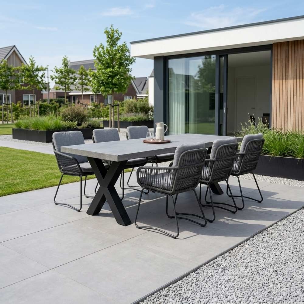 Lyon/Harper Stone Grey dining tuinset | 6 personen | polystone + touw | 250cm