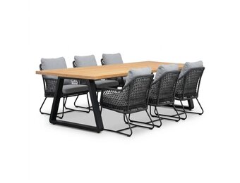 Elena/Gianna Stone Grey low dining tuinset | 6 personen | teakhout + touw | 240cm