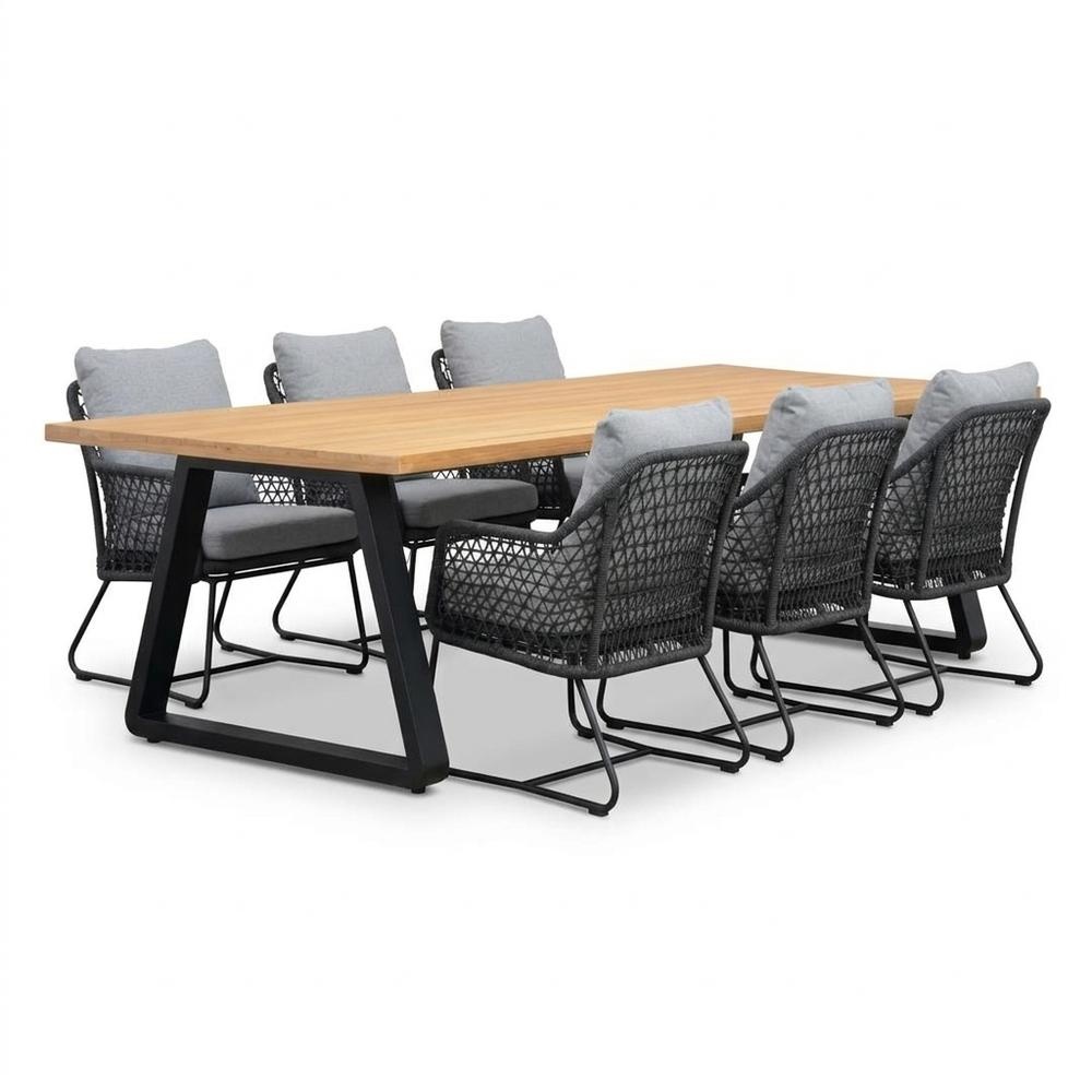Elena/Gianna Stone Grey low dining tuinset | 6 personen | teakhout + touw | 240cm