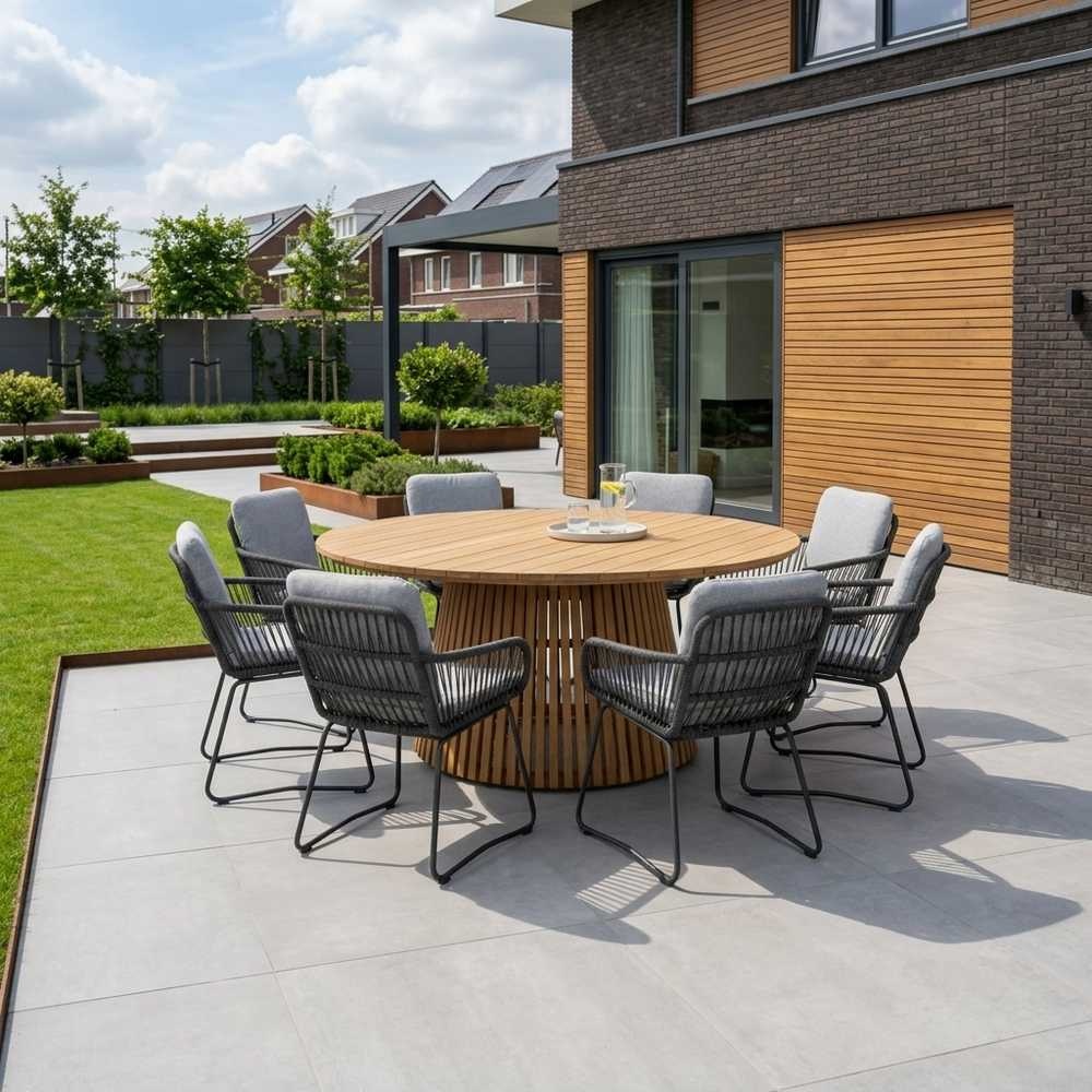Palau/Harper Stone Grey dining tuinset | 8 personen | teakhout + touw | 180cm