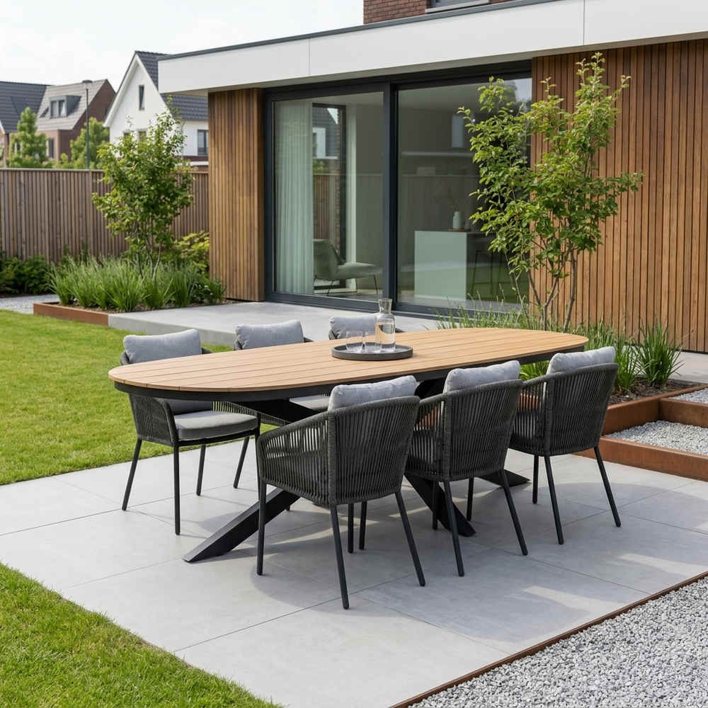 Texas antraciet/Lexis Stone Grey dining tuinset | 6 personen | polywood + touw | 260cm