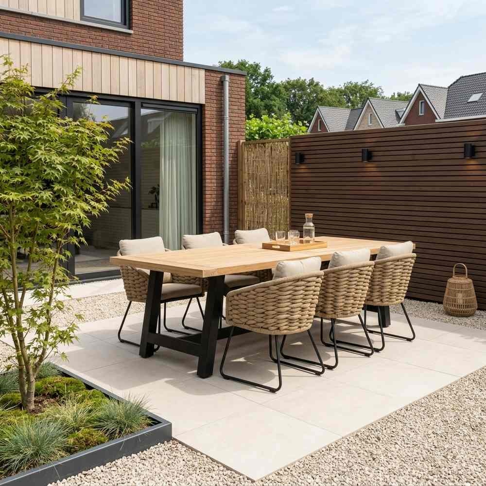 James/Flora Sahara Dust dining tuinset | 6 personen | teakhout + touw | 260cm