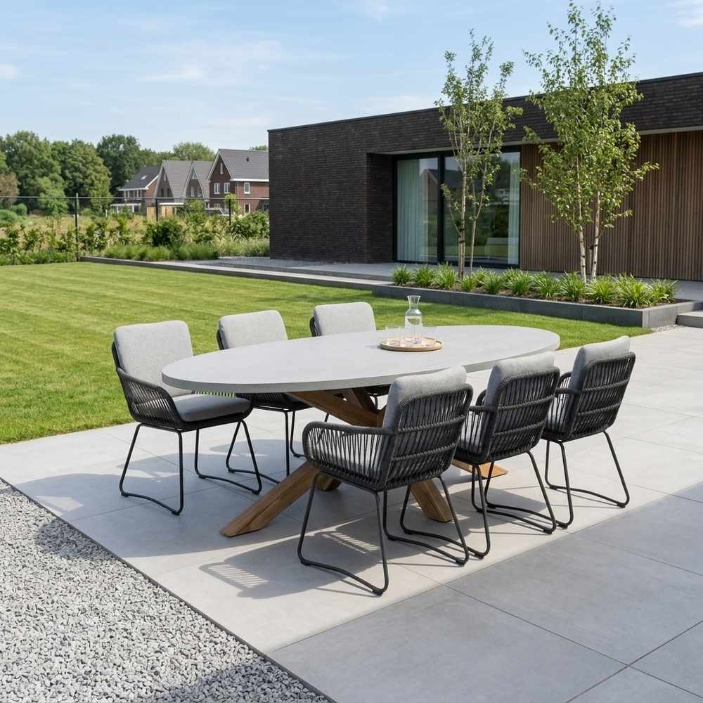 Livorno/Harper Stone Grey dining tuinset | 6 personen | polystone + touw | 240cm