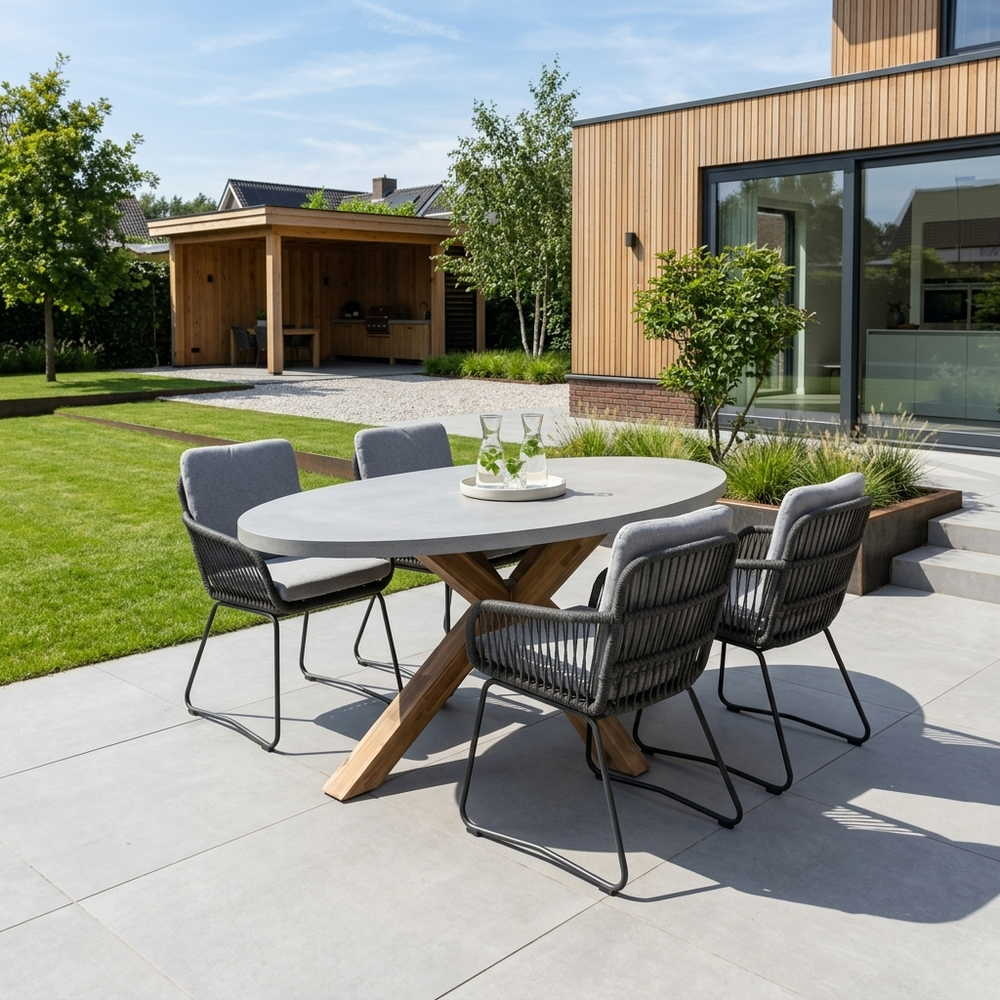 Livorno/Harper Stone Grey dining tuinset | 4 personen | polystone + touw | 200cm
