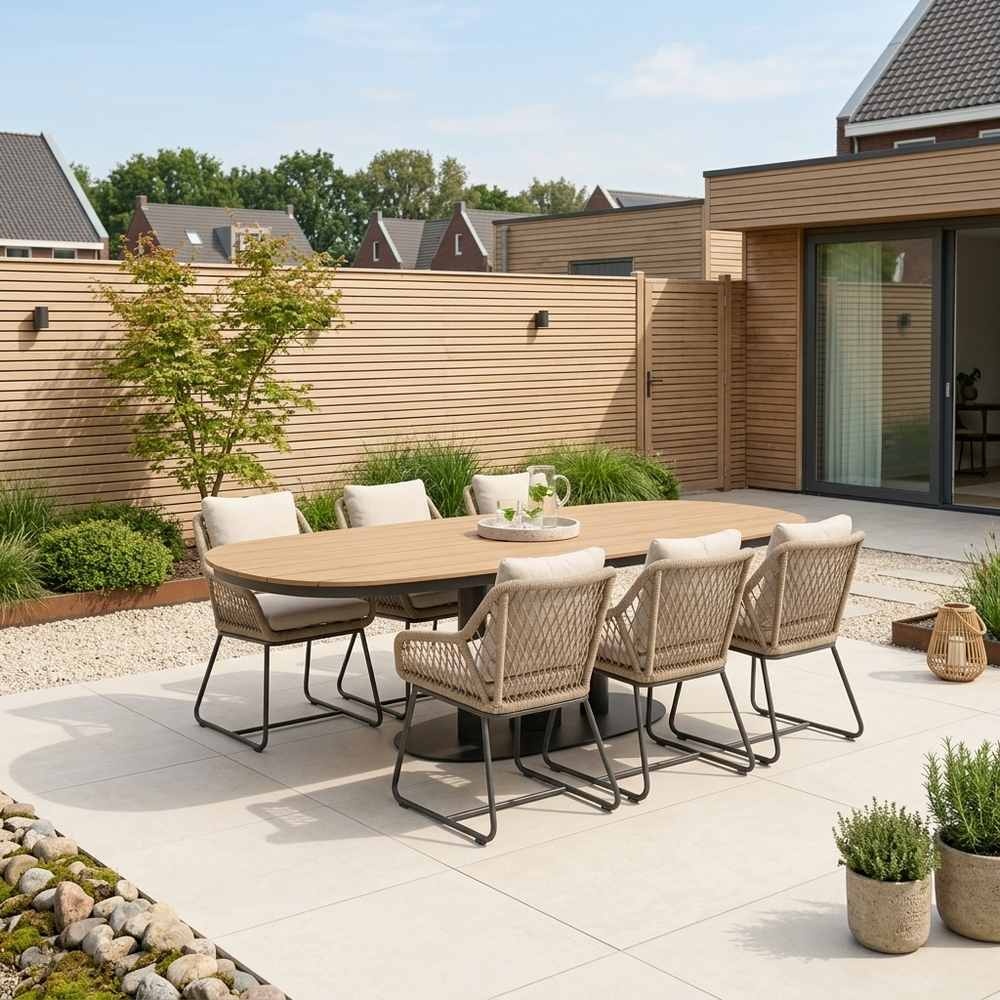 Panama antraciet/Portofino Sahara Dust dining tuinset | 6 personen | polywood + touw | 260cm