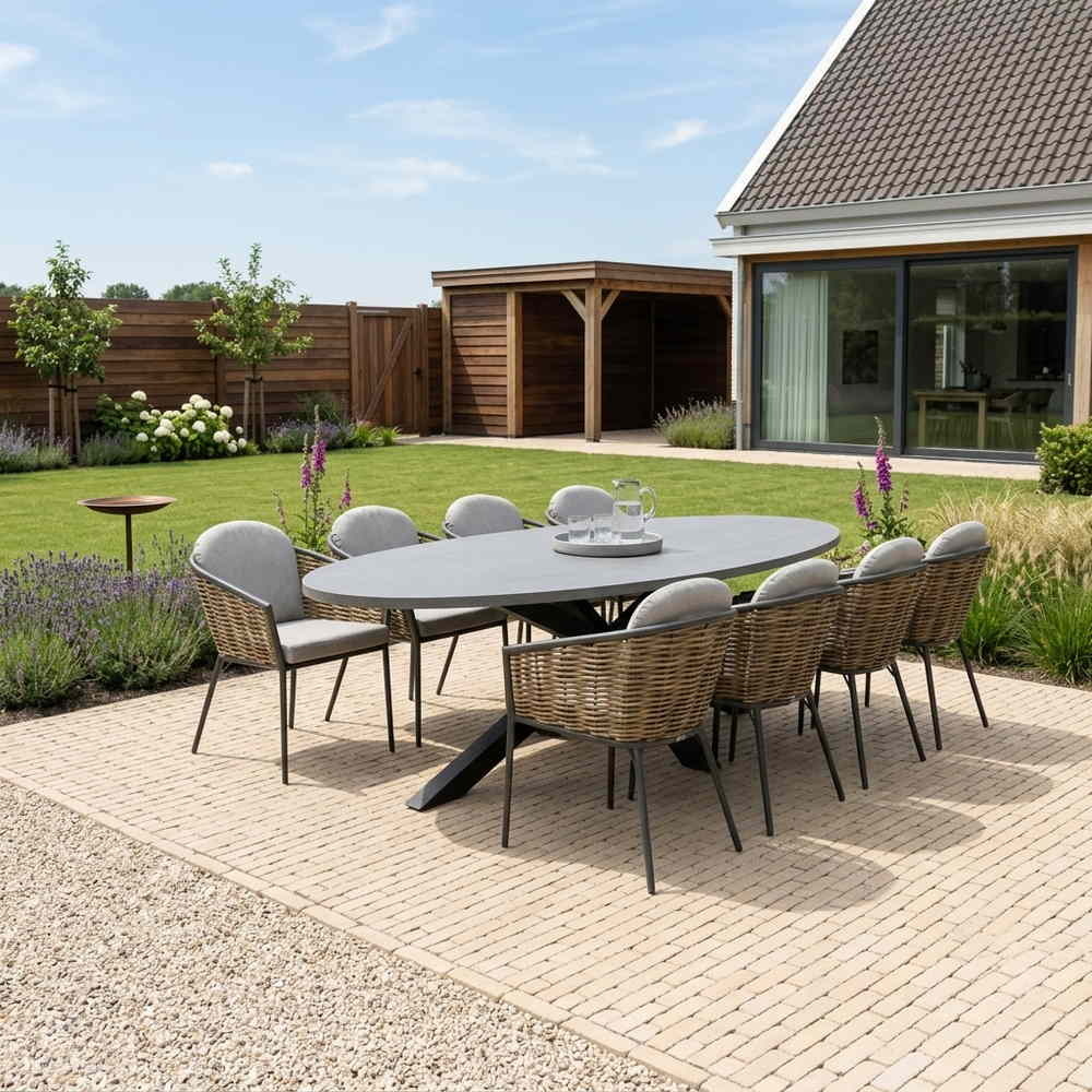 Stockholm/Lucca dining tuinset | 8 personen | polystone + wicker | 280cm