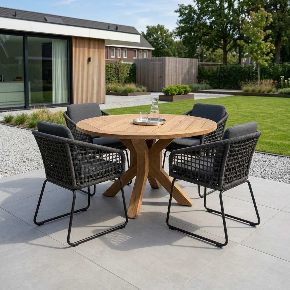 Genua/Tulum Lava Grey dining tuinset | 4 personen | teakhout + touw | 120cm