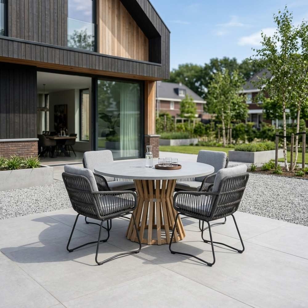 Elzas/Harper Stone Grey dining tuinset | 4 personen | polystone + touw | Ø135cm rond