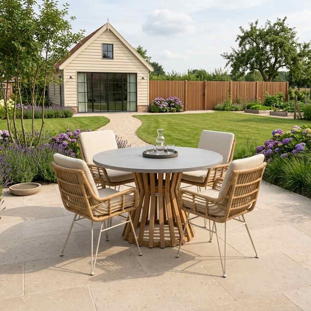 Elzas/Carlos beige dining tuinset | 4 personen | polystone + wicker | Ø135cm rond
