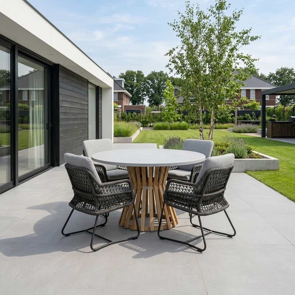Elzas/Gianna Stone Grey dining tuinset | 4 personen | polystone + touw | Ø135cm rond