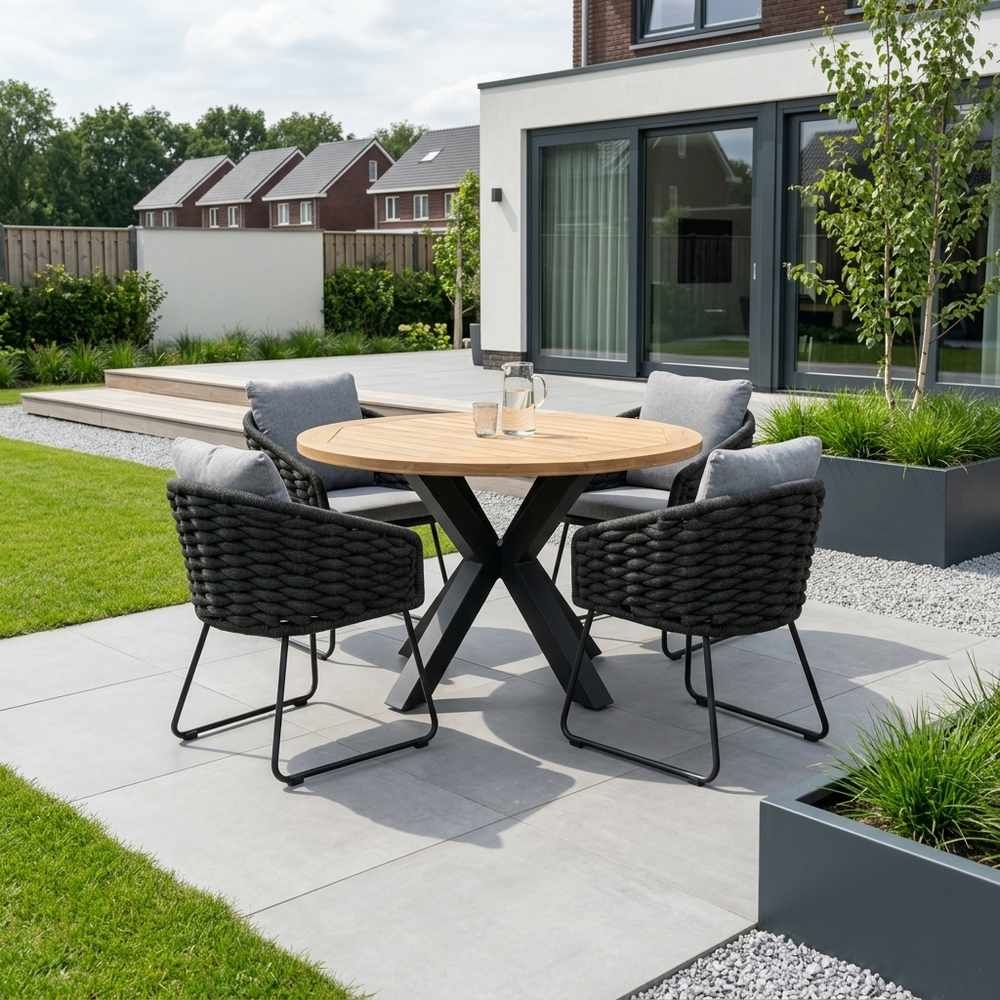 Cleve antraciet/Flora Stone Grey dining tuinset | 4 personen | teakhout + touw | 120cm rond