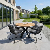 Cleve antraciet/Harper Stone Grey dining tuinset | 4 personen | teakhout + touw | 120cm rond