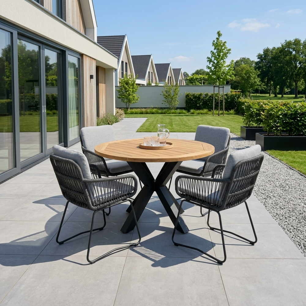 Cleve antraciet/Harper Stone Grey dining tuinset | 4 personen | teakhout + touw | 120cm rond