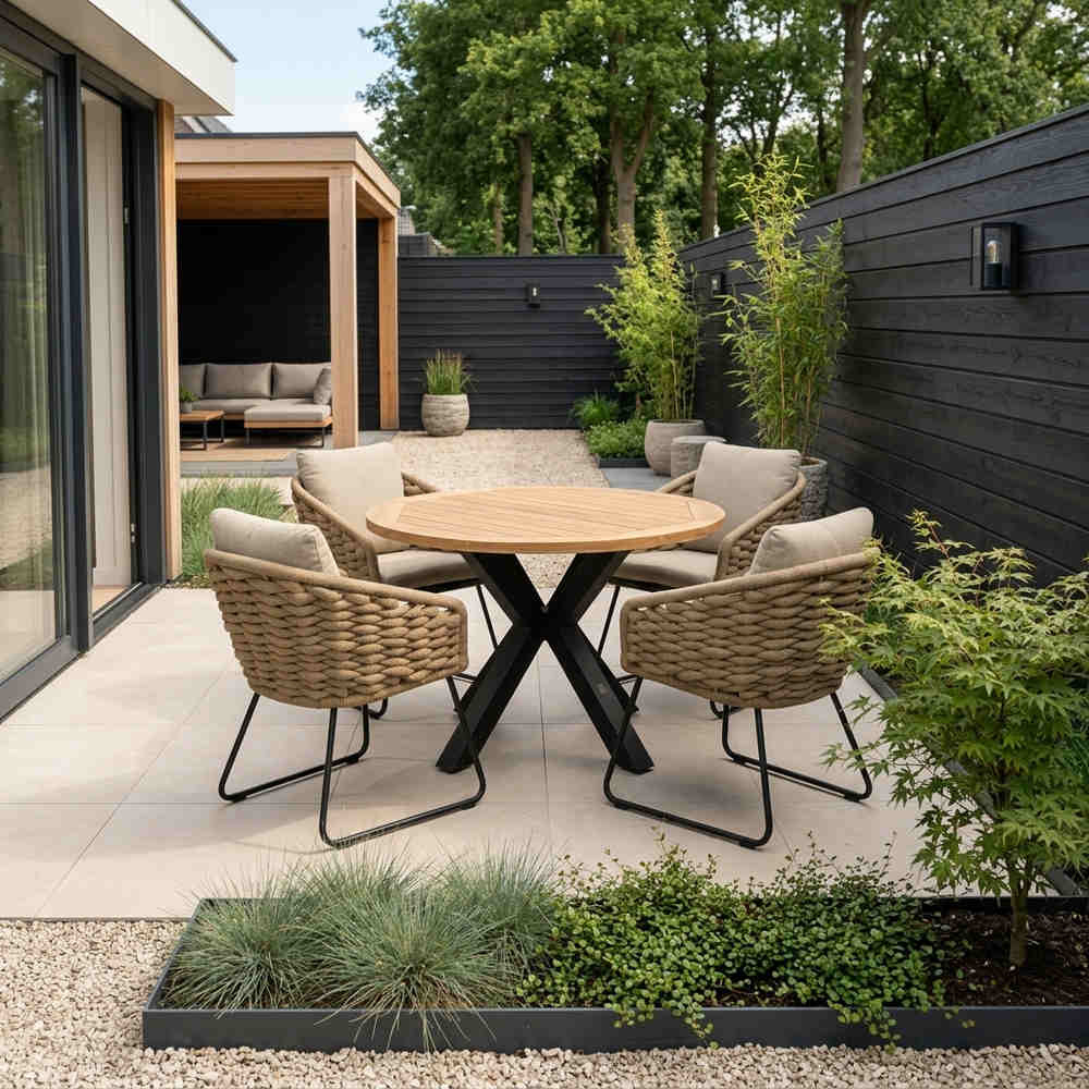 Cleve antraciet/Flora Sahara Dust dining tuinset | 4 personen | teakhout + touw | 120cm rond