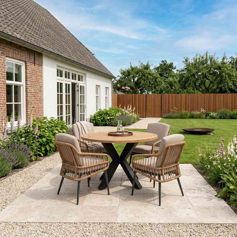 Cleve antraciet/Alicante zand dining tuinset | 4 personen | teakhout + wicker | 120cm rond