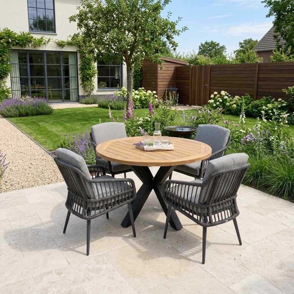 Cleve antraciet/Alicante antraciet dining tuinset | 4 personen | teakhout + wicker | 120cm rond