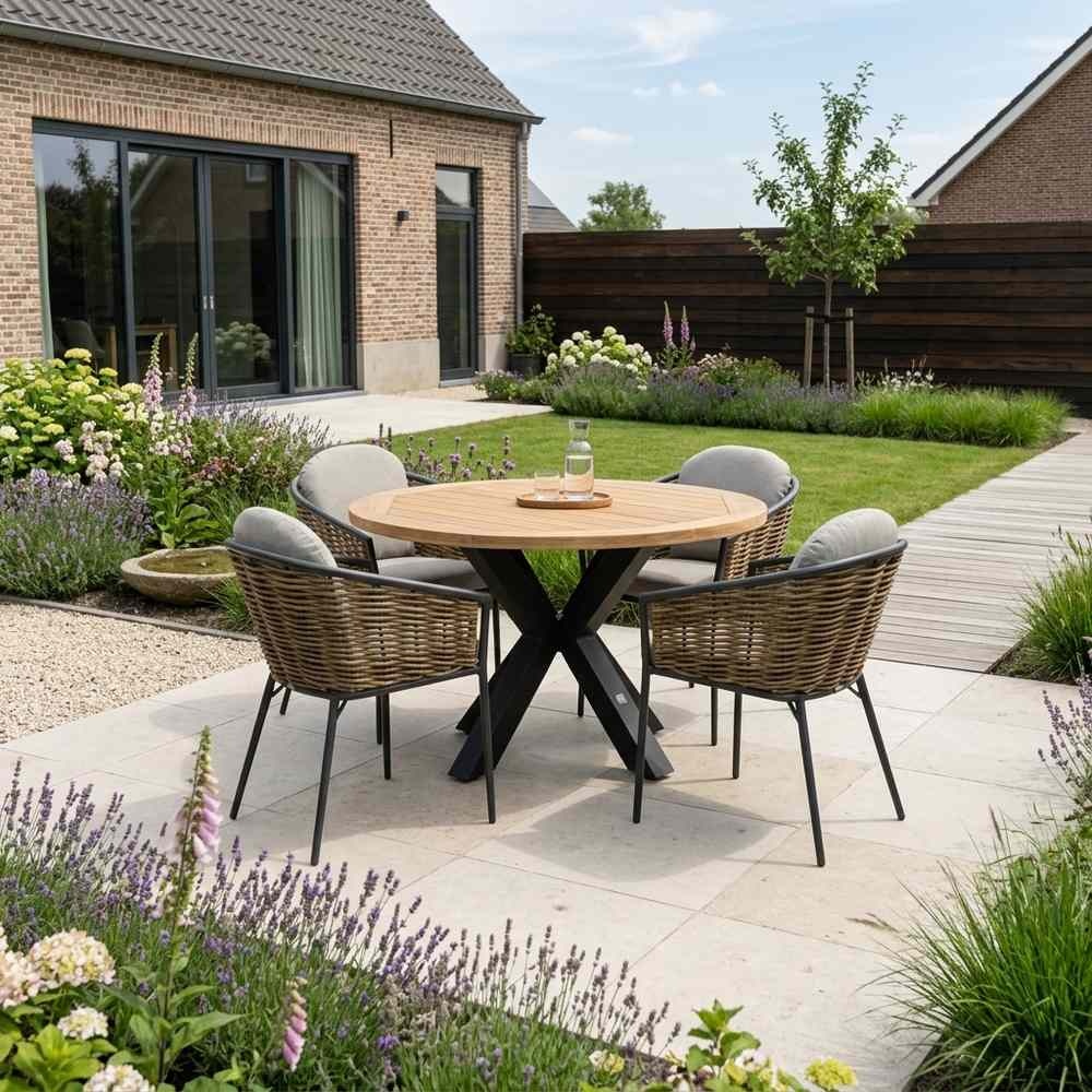 Cleve antraciet/Lucca dining tuinset | 4 personen | teakhout + wicker | 120cm rond