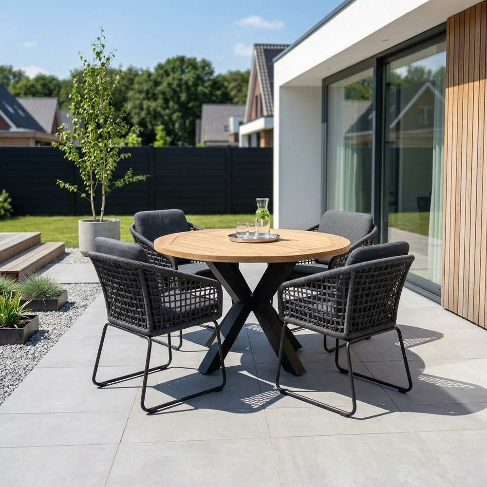 Cleve antraciet/Tulum Lava Grey dining tuinset | 4 personen | teakhout + touw | 120cm rond
