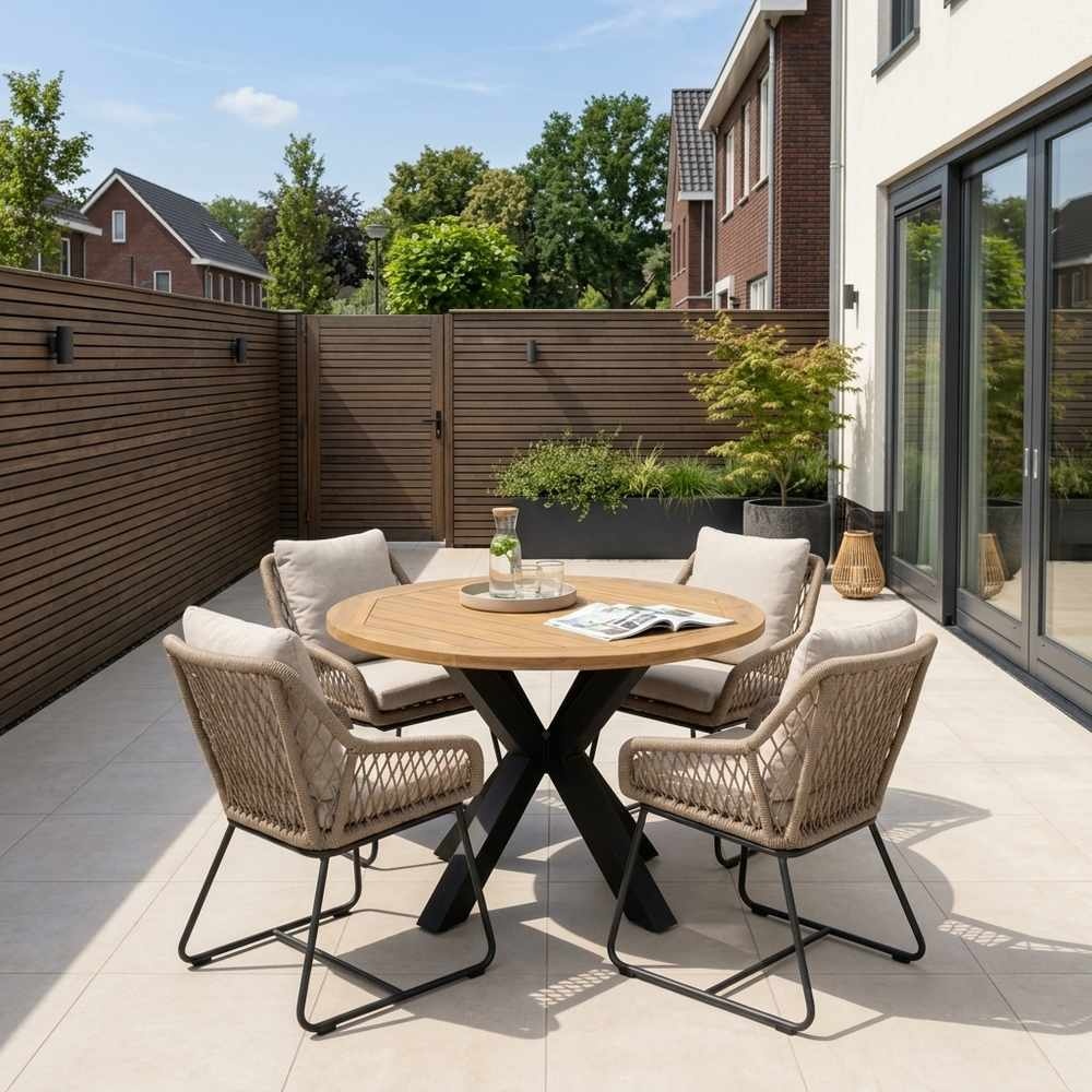 Cleve antraciet/Portofino Sahara Dust dining tuinset | 4 personen | teakhout + touw | 120cm rond