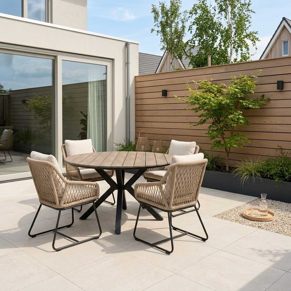 Cervo bruin/Portofino Sahara Dust dining tuinset | 5 personen | polywood + touw | 144cm rond