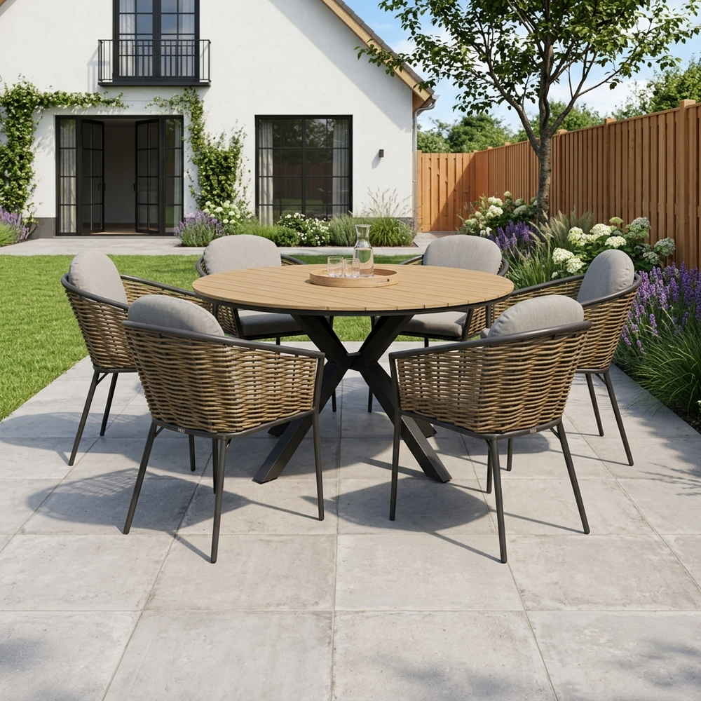 Cervo/Lucca dining tuinset | 6 personen | polywood + wicker | Ø144cm rond