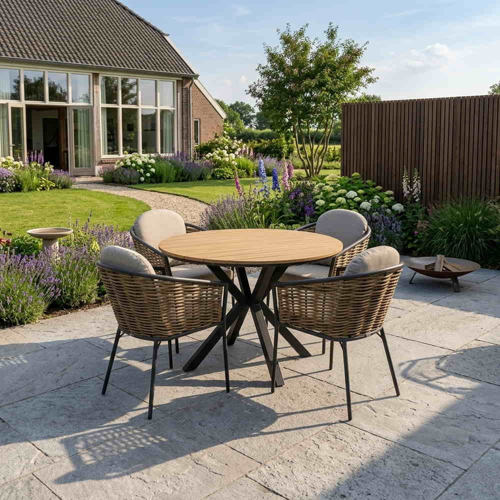 Cervo/Lucca dining tuinset | 4 personen | polywood + wicker | Ø120cm rond