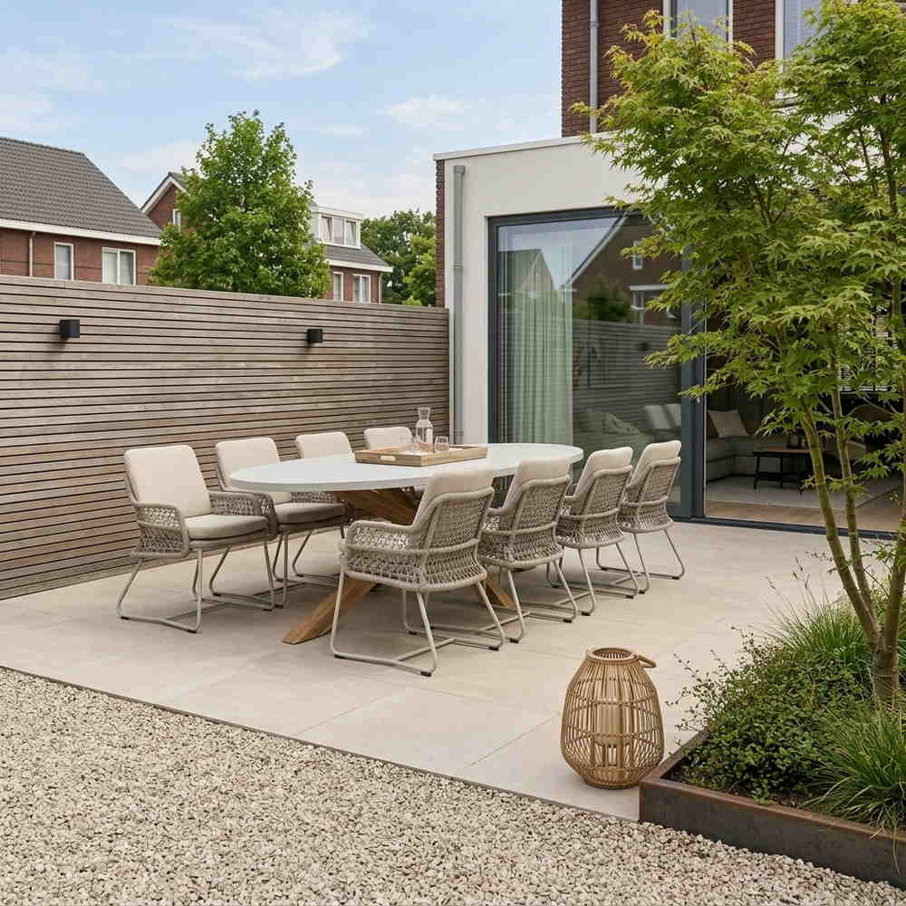 Livorno/Gianna Almond Beige dining tuinset | 8 personen | polystone + touw | 280cm