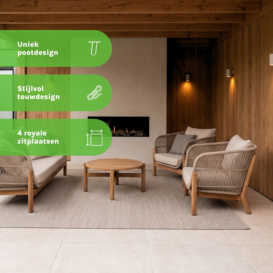 Braga stoel-bank loungeset 4 personen | touw + hardhout | zand | 4-delig