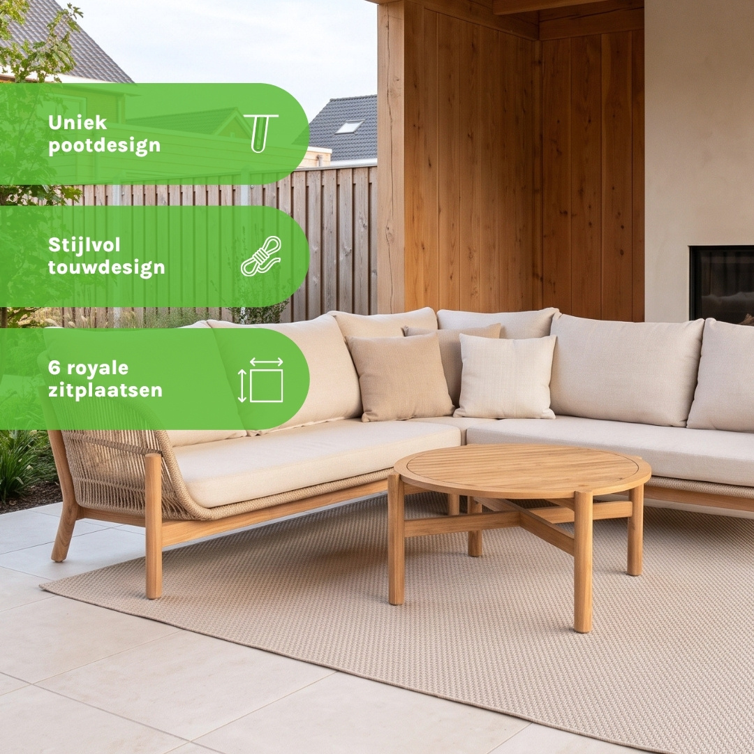 Braga hoek loungeset 6 personen incl. tafel | touw + hardhout | zand | 5-delig - 235x235cm