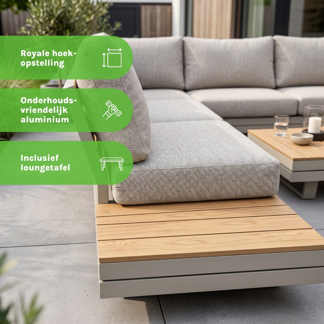 Vegas hoek loungeset-links 6 personen incl. tafel | aluminium + polywood | beige | 5-delig
