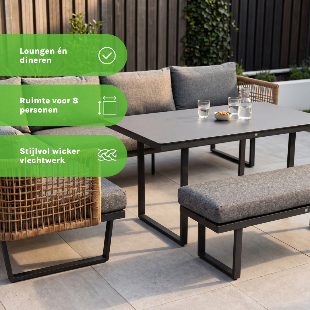 Moskou dining loungeset 8 personen | aluminium + wicker | antraciet | 4-delig - 258x197cm