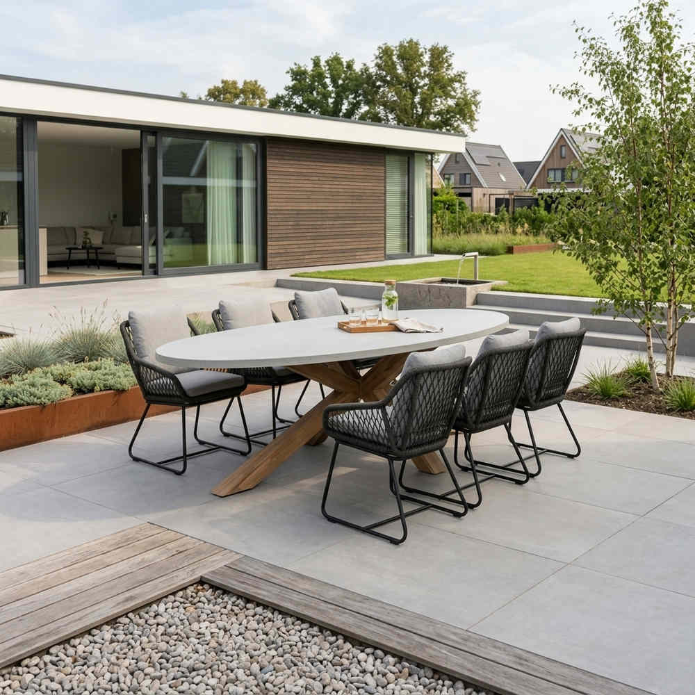 Livorno/Portofino Stone Grey dining tuinset | 6 personen | polystone + touw | 240cm