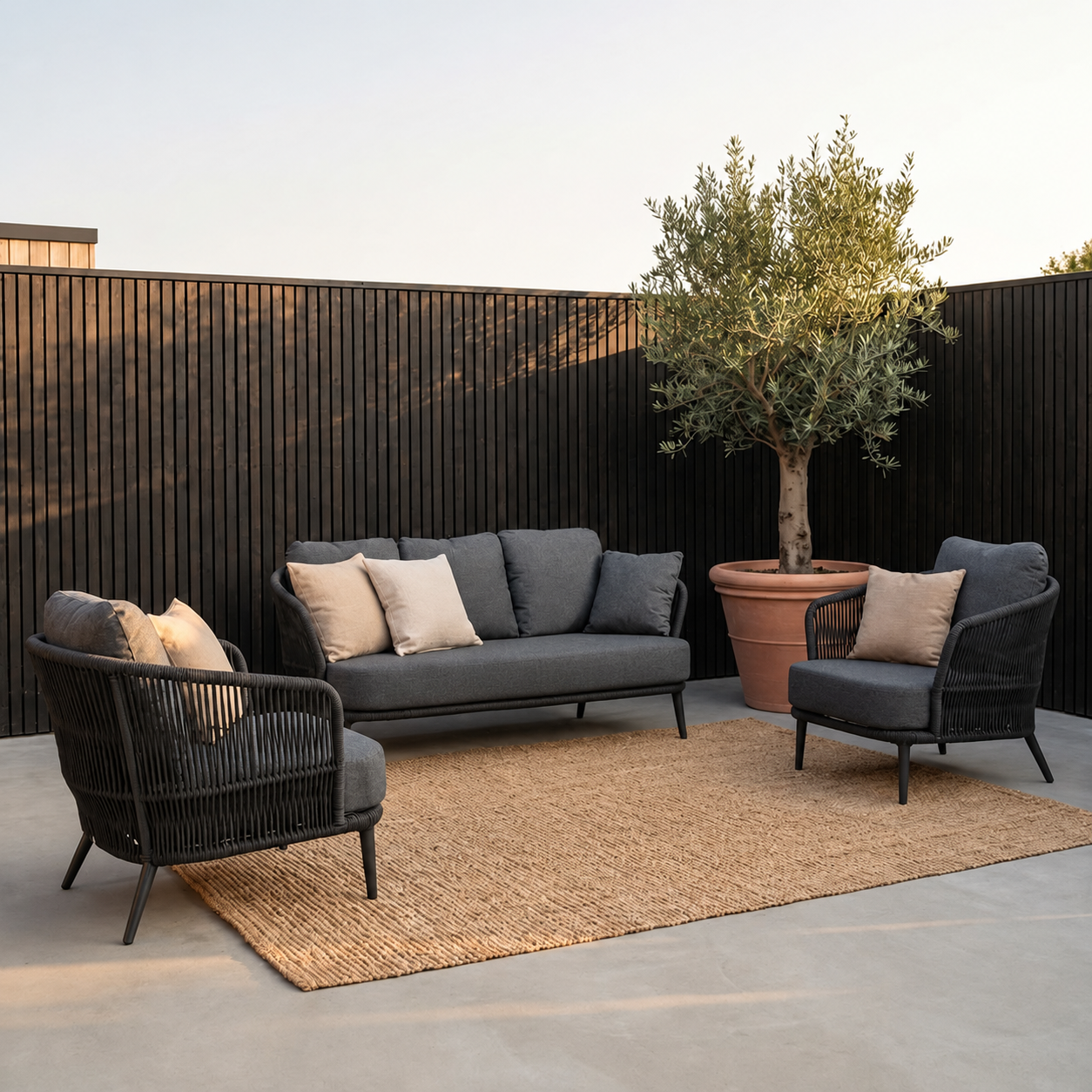Palermo stoel-bank loungeset 5 personen | aluminium + touw | zwart | 5-delig