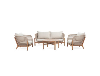 Braga stoel-bank loungeset 4 personen incl. tafel 80cm | touw + hardhout | zand | 4-delig