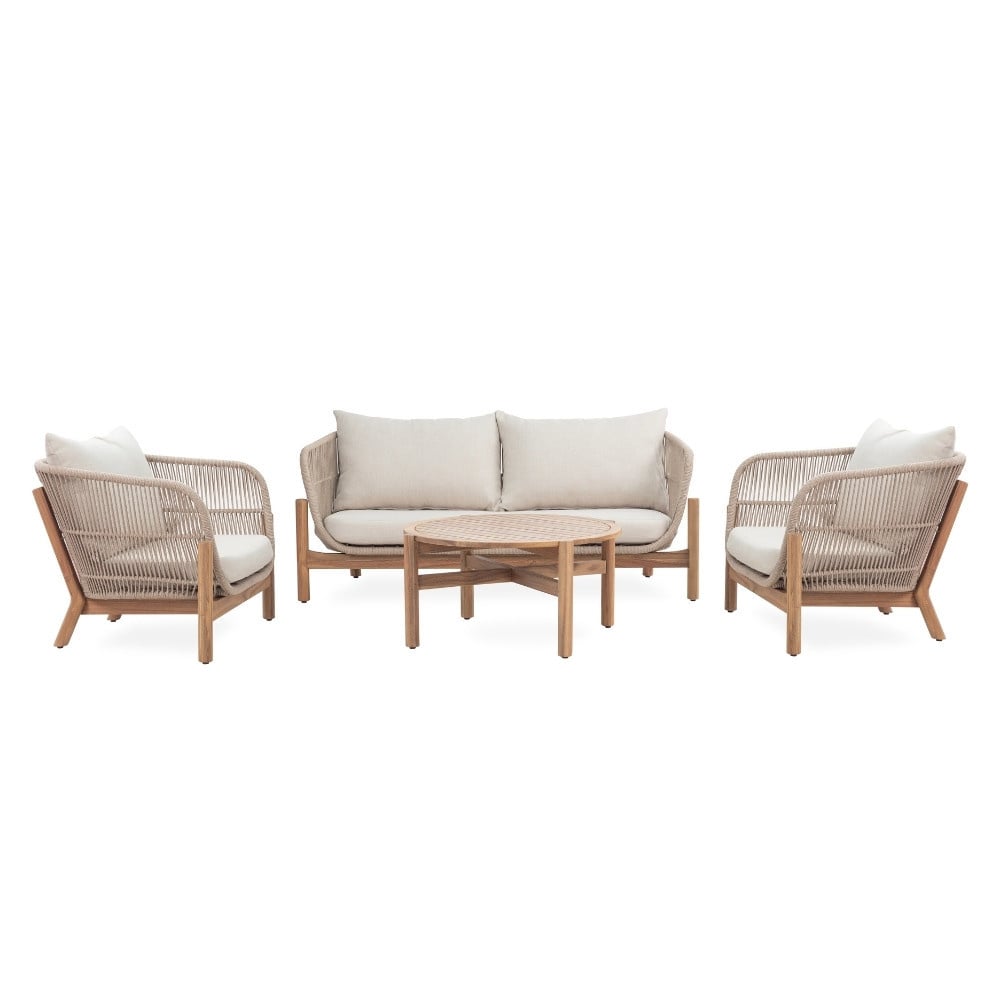 Braga stoel-bank loungeset 4 personen incl. tafel 80cm | touw + hardhout | zand | 4-delig