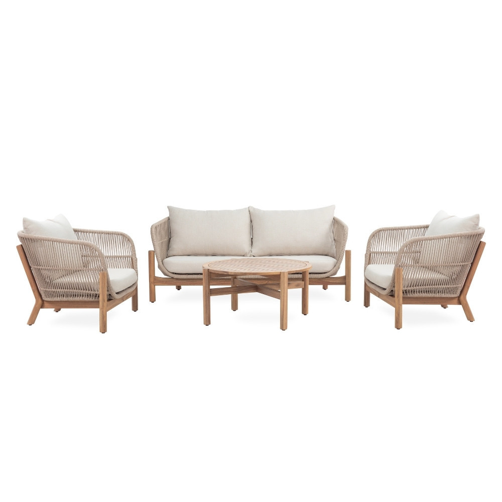 Braga stoel-bank loungeset 4 personen incl. tafel 80cm | touw + hardhout | zand | 4-delig